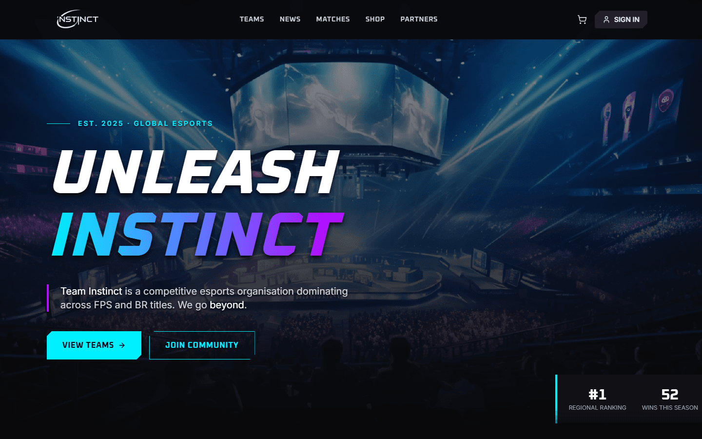 INSTINCT Esports website on a desktop screen