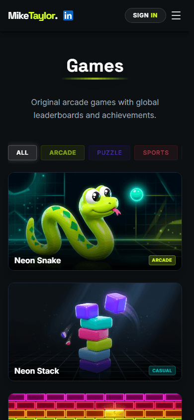MT Games page on a phone